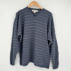 Crossings Vtg 90s Mens XL Blue Textured Basketweave V-Neck Knit Sweater USA Made